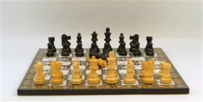 2.75" Black/Boxwood Lardy Chessmen with Double Queens on Mosaic Decoupage Chess Board