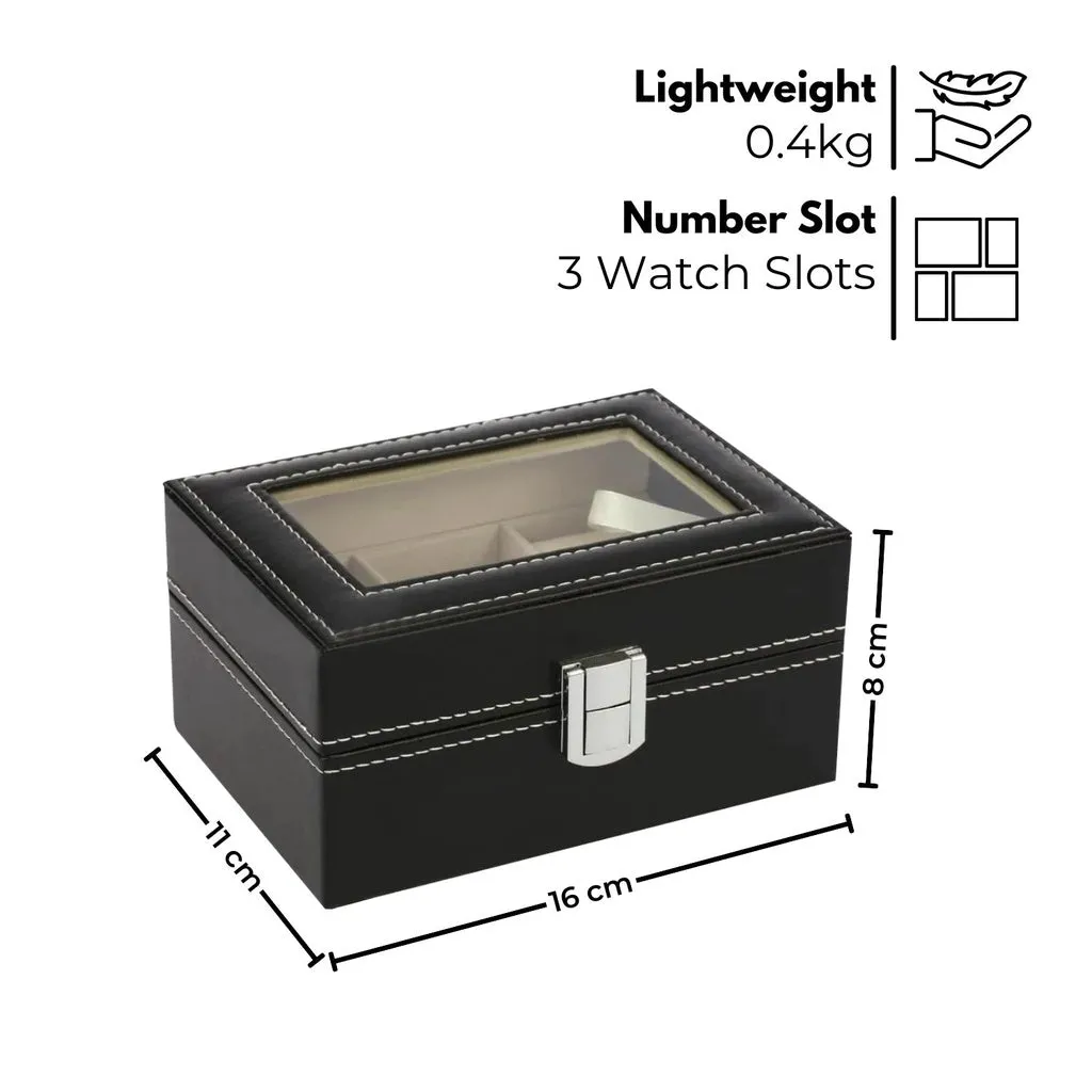 3 Slot Watch Display Box With Clear Window, PU Leather Black