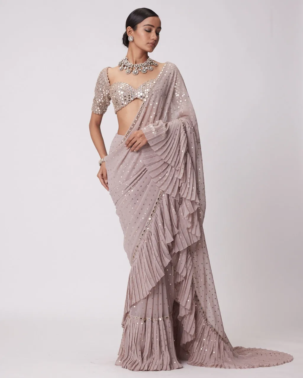 Ash Pink Georgette Frill Sari Set