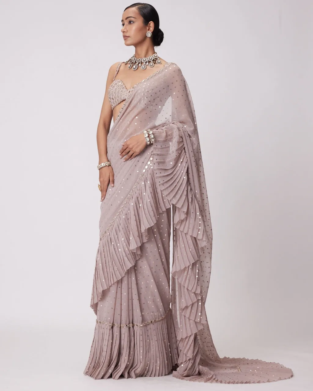 Ash Pink Georgette Frill Sari Set