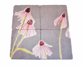 Coaster Set of 4 - Pink Echinacea on Grey