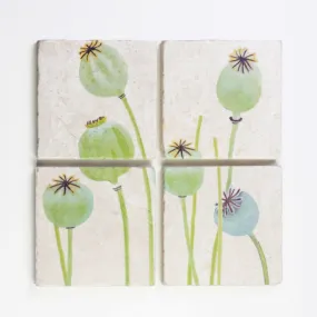 Coaster Set of 4 - Poppy Pods on Ecru