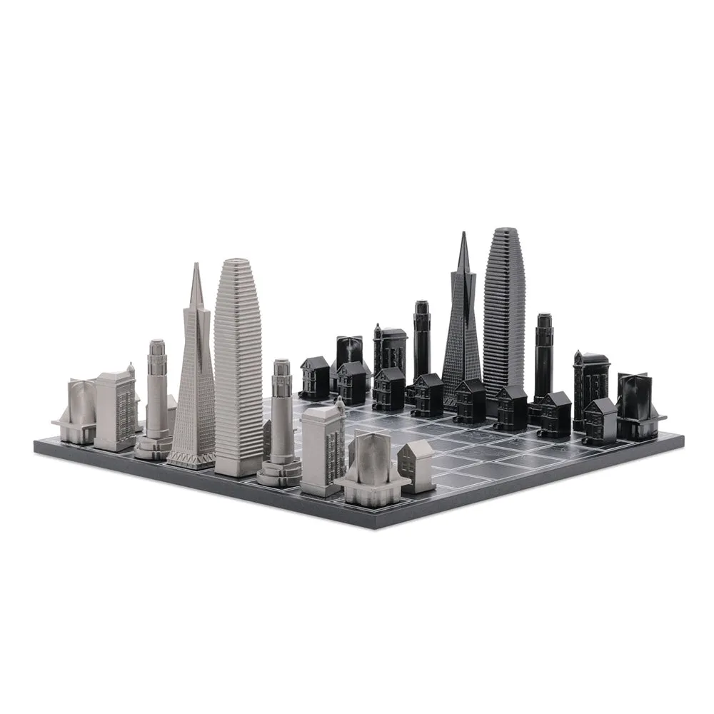 San Francisco Skyline Chess Set - Stainless Steel/Wood Map Board