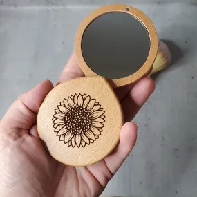 Sunflower Engraved Compact Mirror - Engraved Wooden Mirror